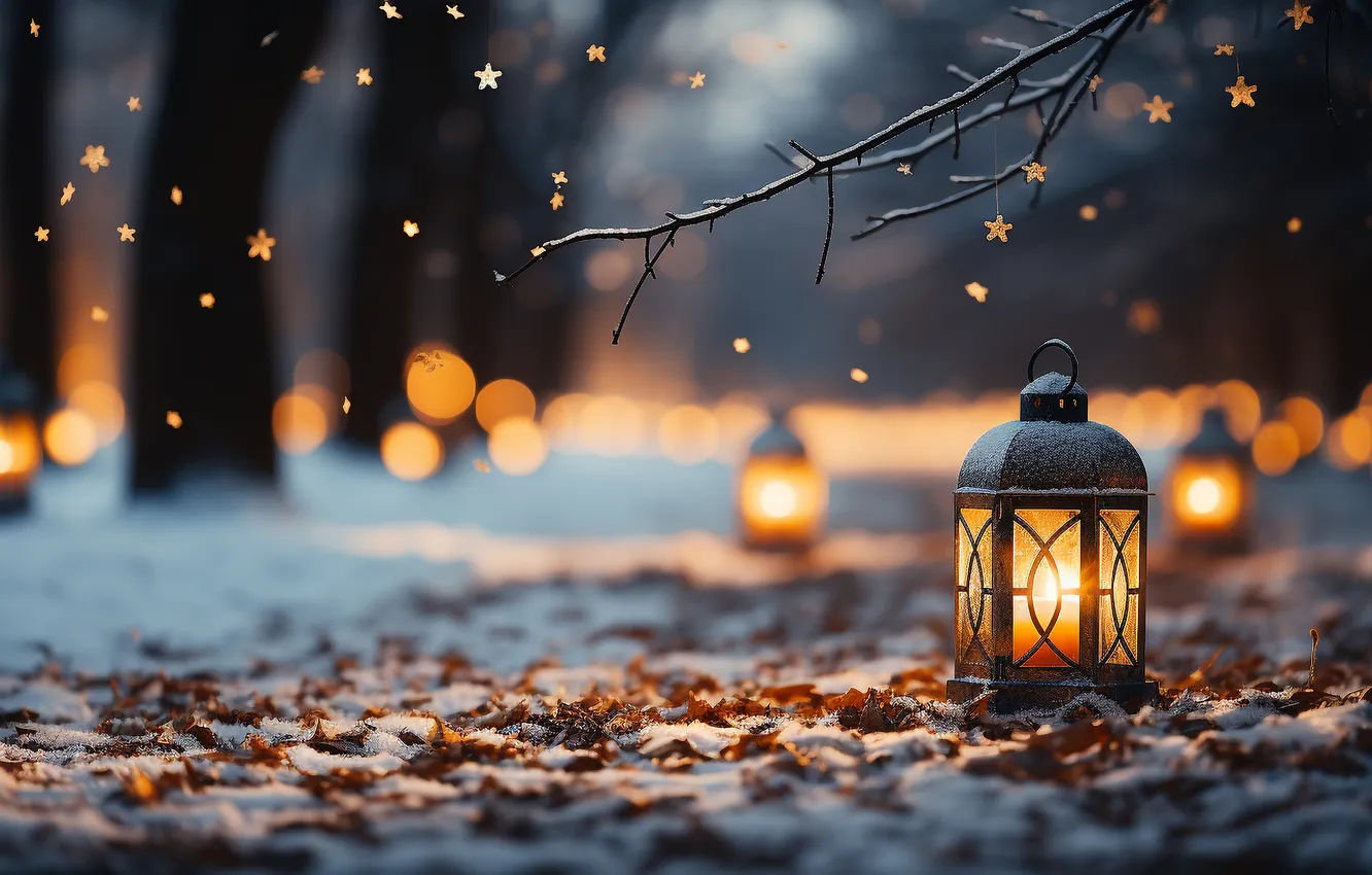 Photo wallpaper winter, snow, trees, branches, lights, Park, glade, foliage