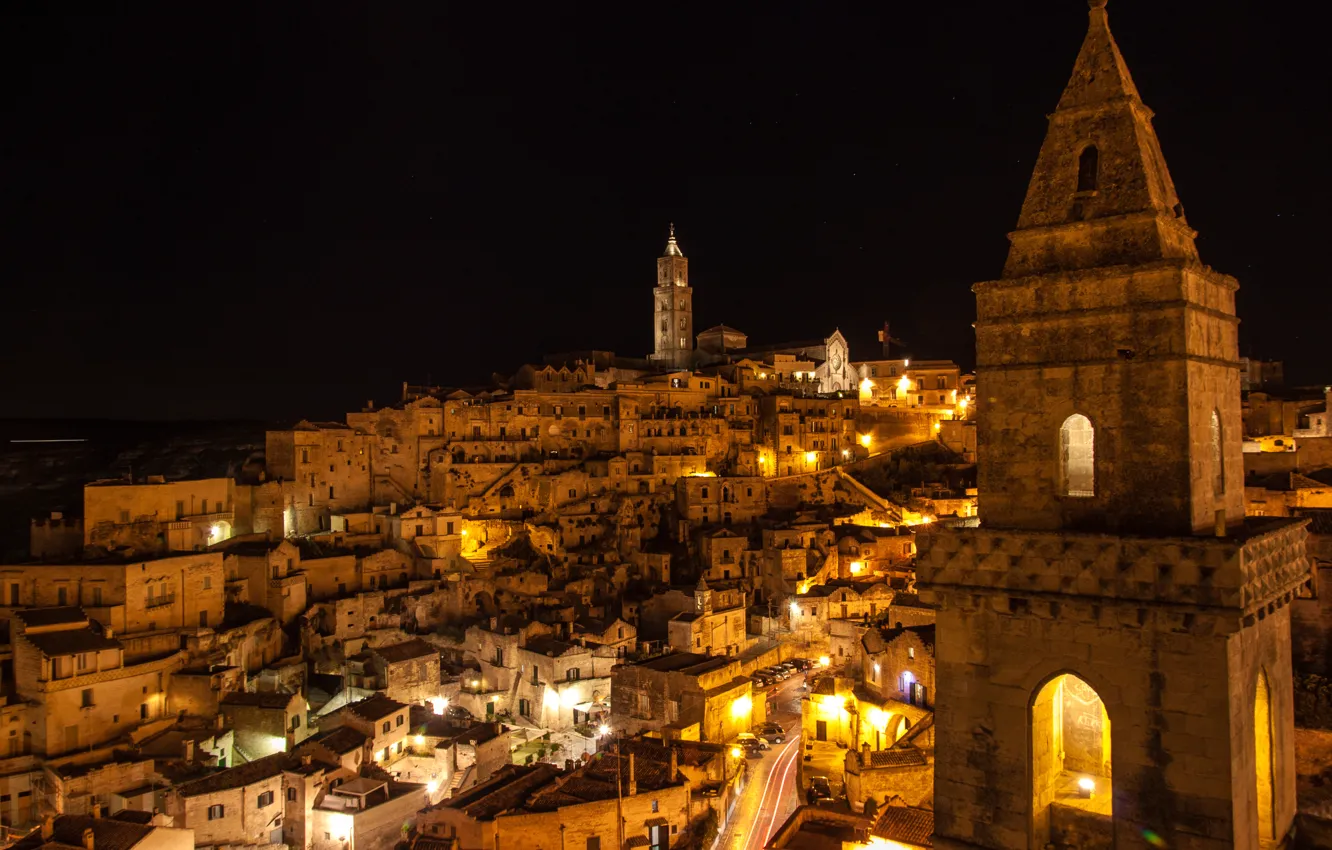 Photo wallpaper the sky, stars, night, lights, home, Italy, the view from the top, Matera