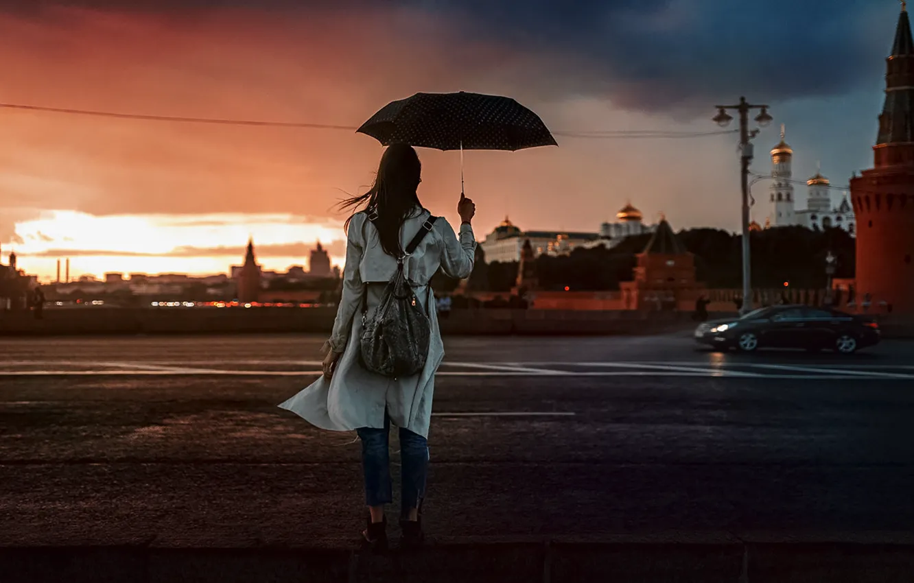 Photo wallpaper Sunset, Girl, The Kremlin, Umbrella, Beautiful, Natalia KVINT