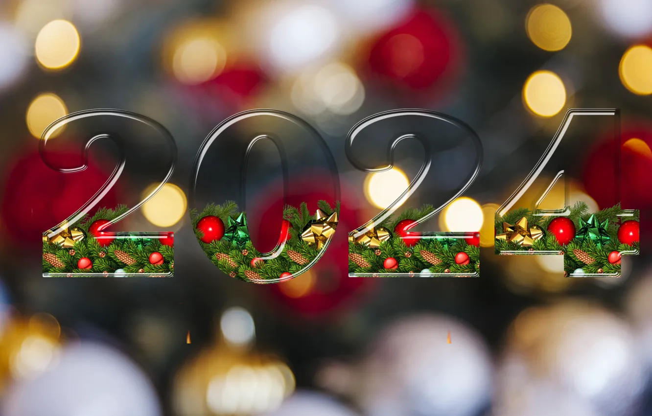 Wallpaper balls, figures, New year, needles, date, bokeh, 2024, New