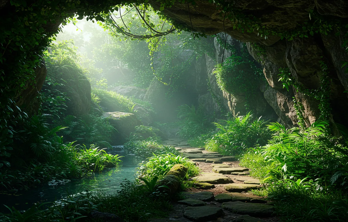 Photo wallpaper the sun, Wallpaper, vegetation, art, haze, wallpaper, cave, art
