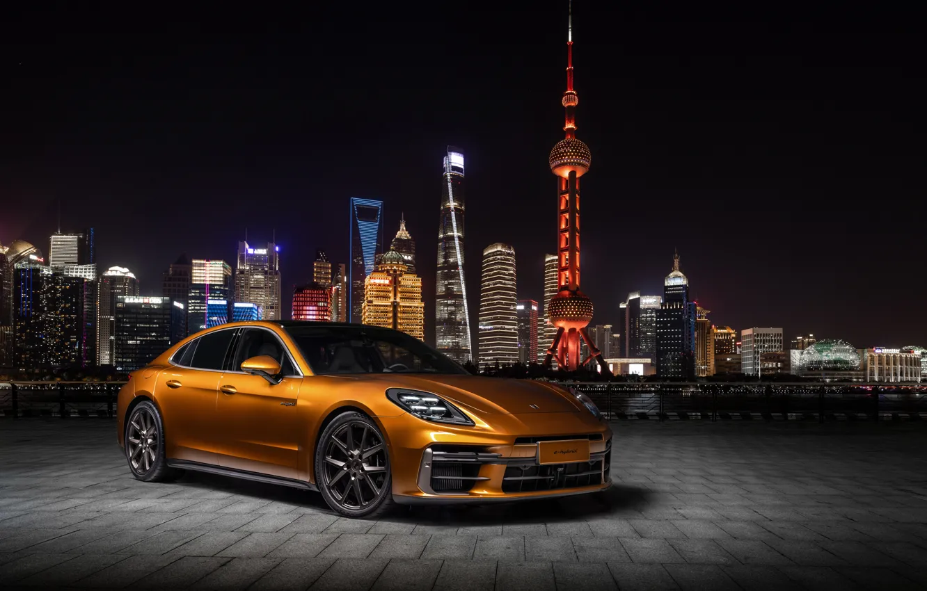 Photo wallpaper car, city, Porsche, Panamera, Porsche Panamera Turbo E-Hybrid