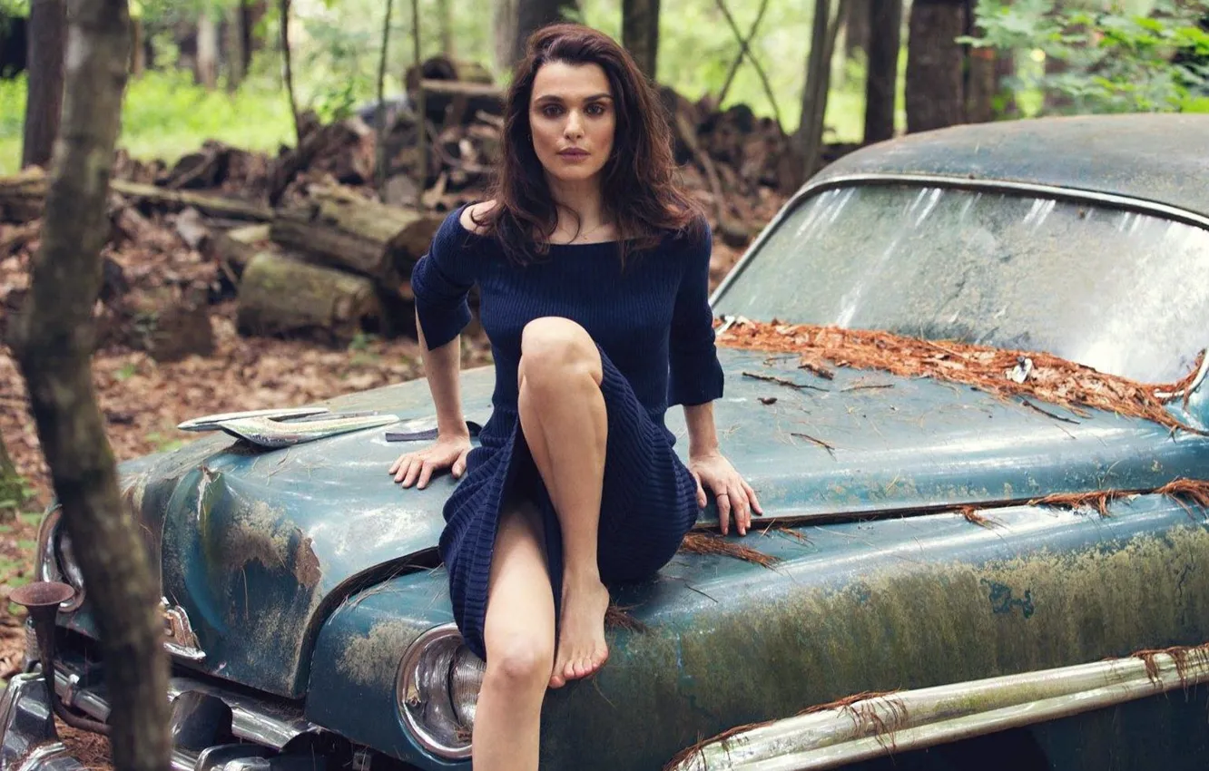 Photo wallpaper machine, forest, barefoot, dress, actress, brunette, legs, Rachel Weisz