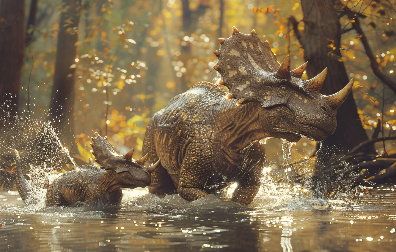 Photo wallpaper water, trees, animal, dinosaur, horns, cub, two, Triceratops