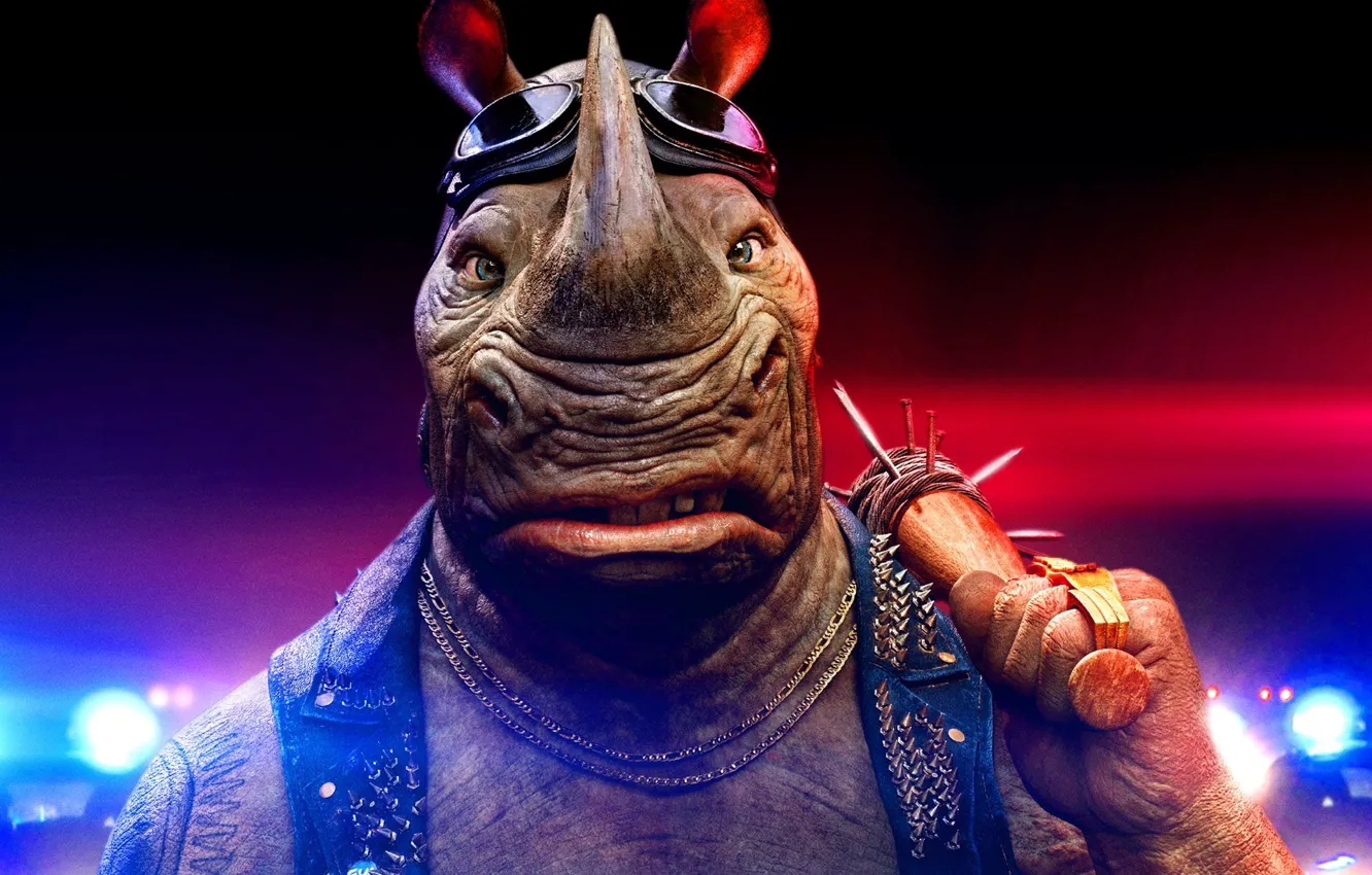 Photo wallpaper city, cinema, cars, movie, Teenage Mutant Ninja Turtles, bat, Rocksteady, animal