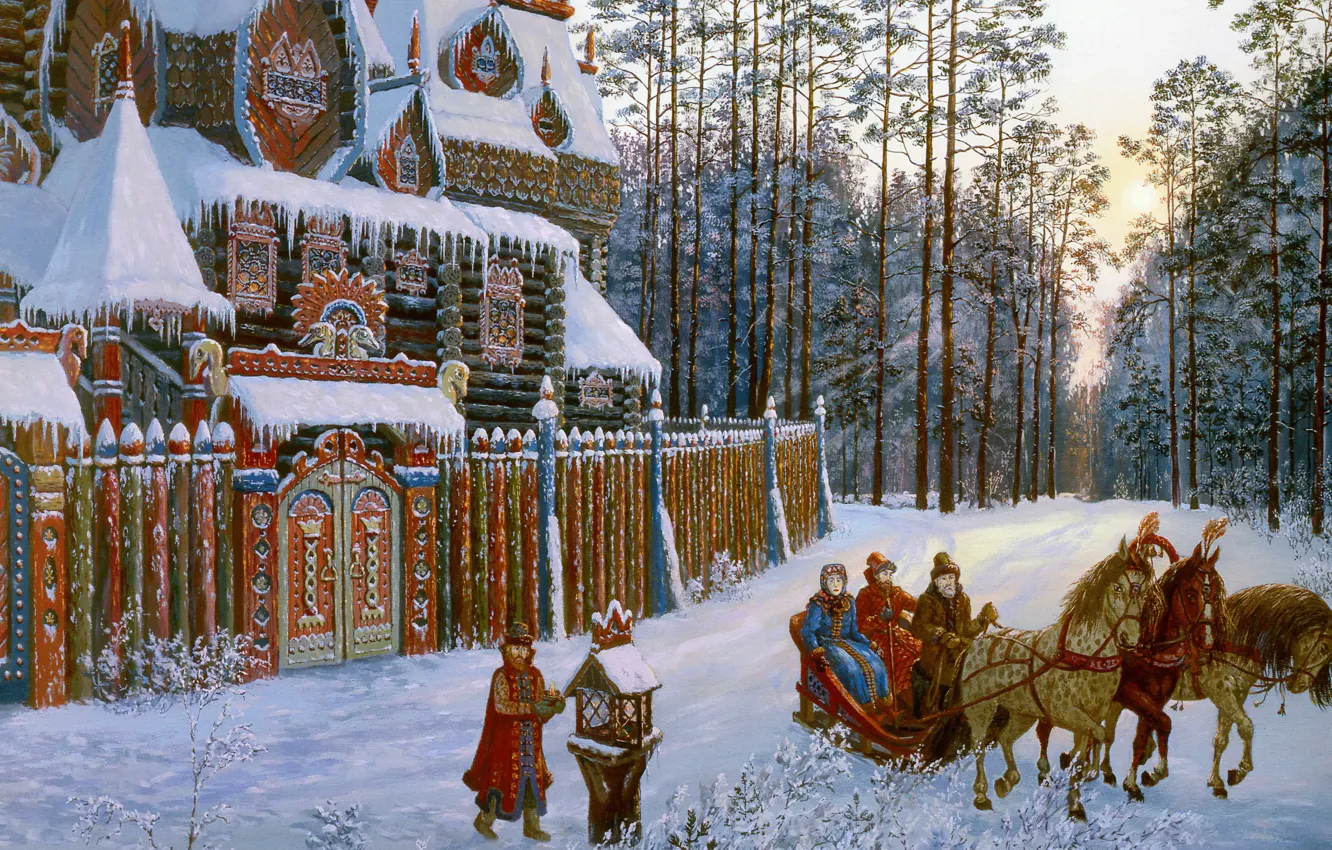 Photo wallpaper winter, forest, snow, house, pine, twilight, Vsevolod Ivanov, Russian folklore