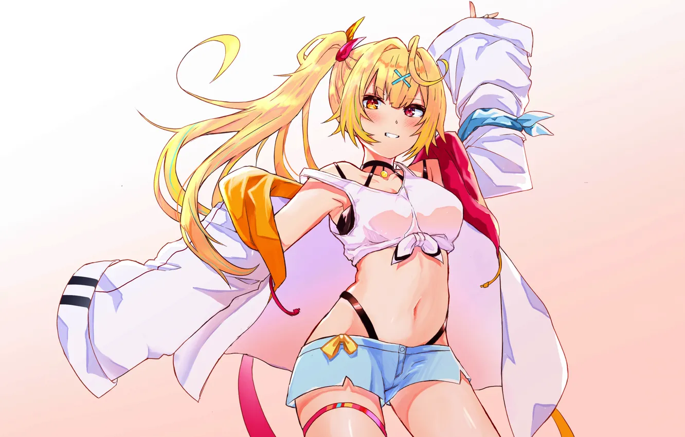 Photo wallpaper girl, sexy, cleavage, shorts, long hair, boobs, anime, beautiful