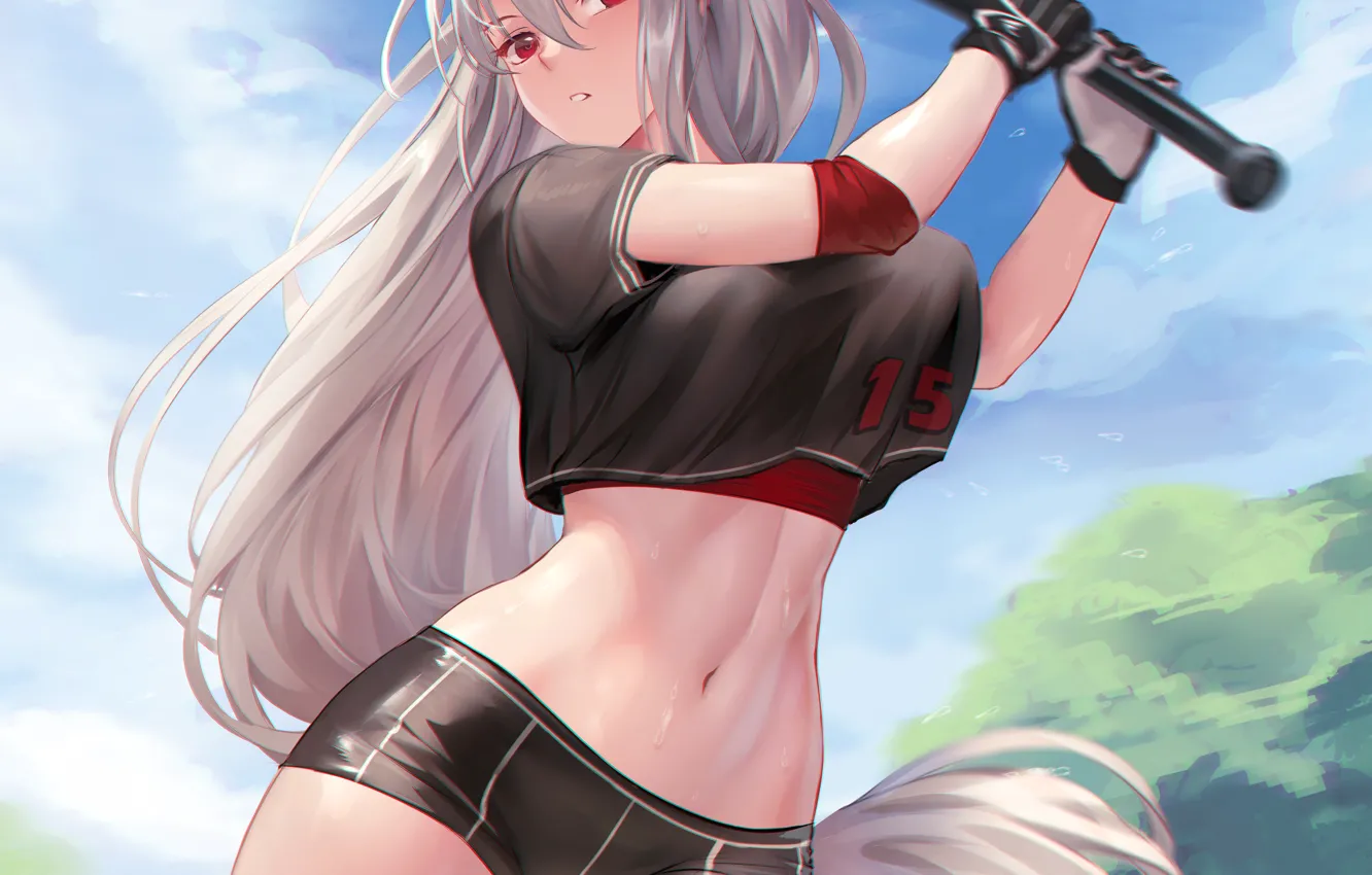 Photo wallpaper girl, sexy, shorts, long hair, boobs, anime, beautiful, red eyes
