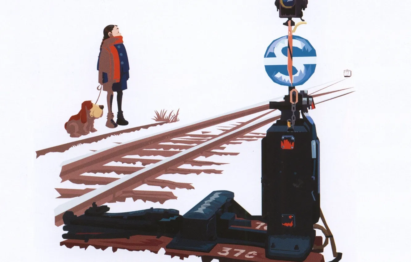 Photo wallpaper winter, snow, rails, train, dog, arrow, white background, art