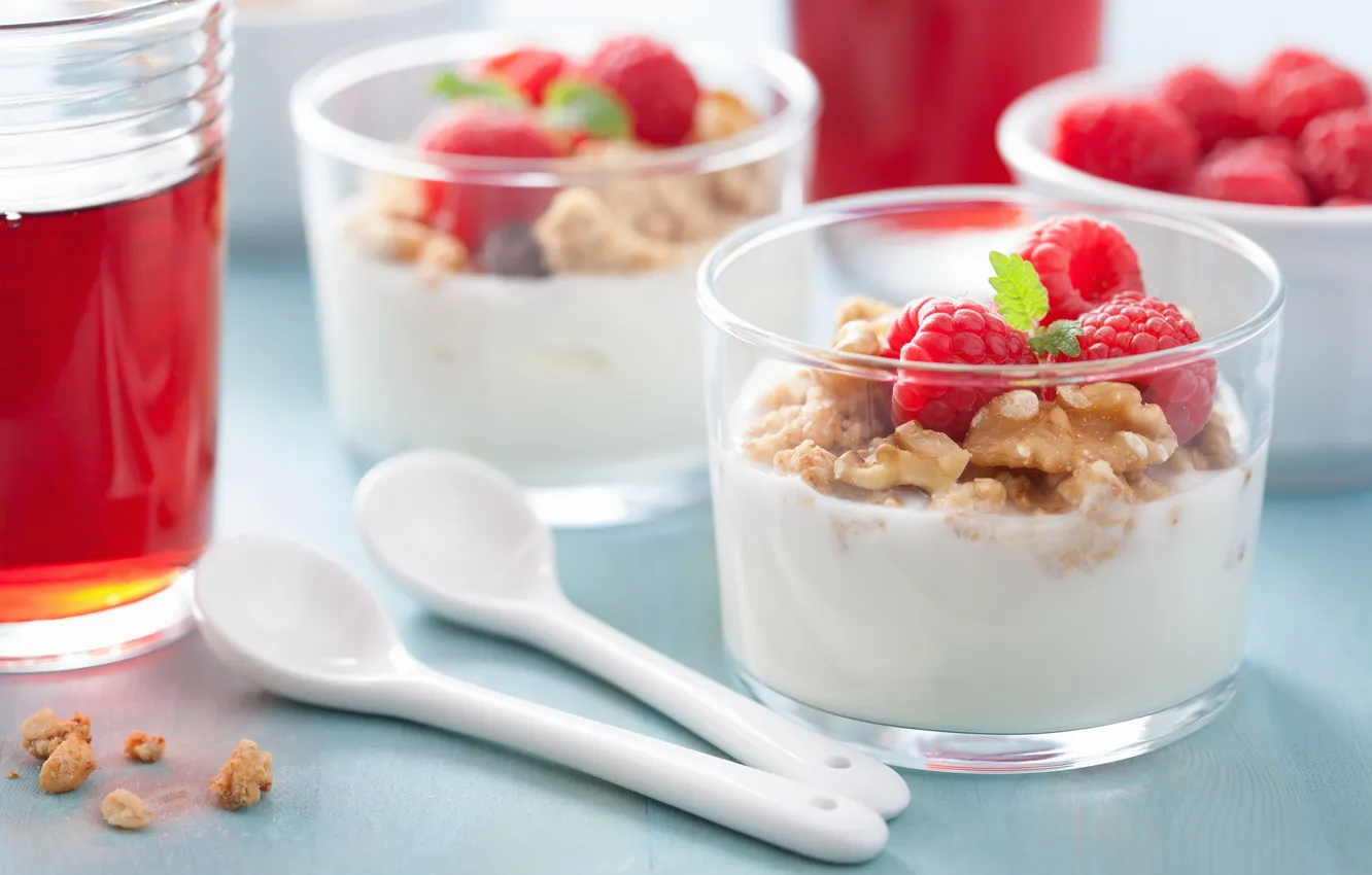 Photo wallpaper raspberry, mint, dessert, cereal, spoon, yogurt