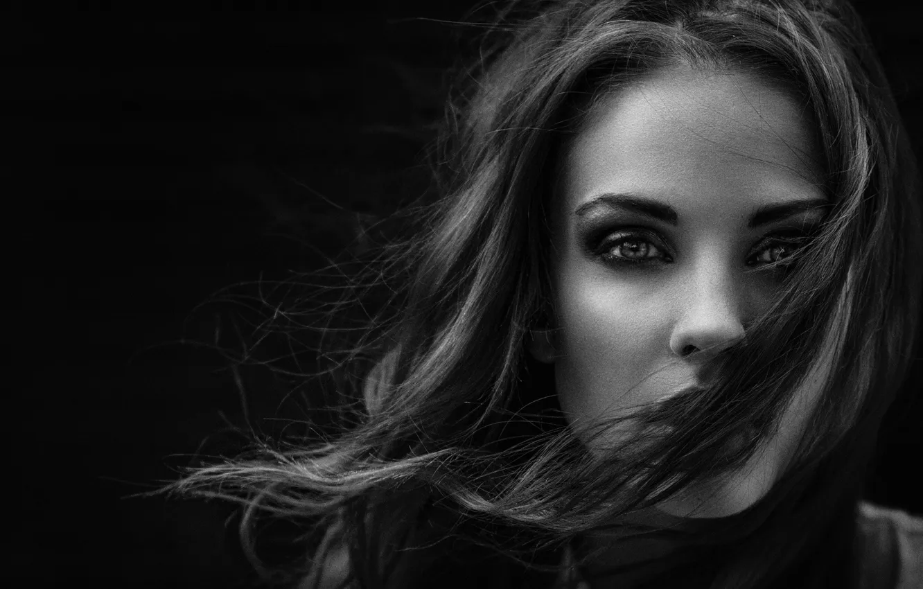 Photo wallpaper girl, close-up, face, model, hair, portrait, black and white, black background