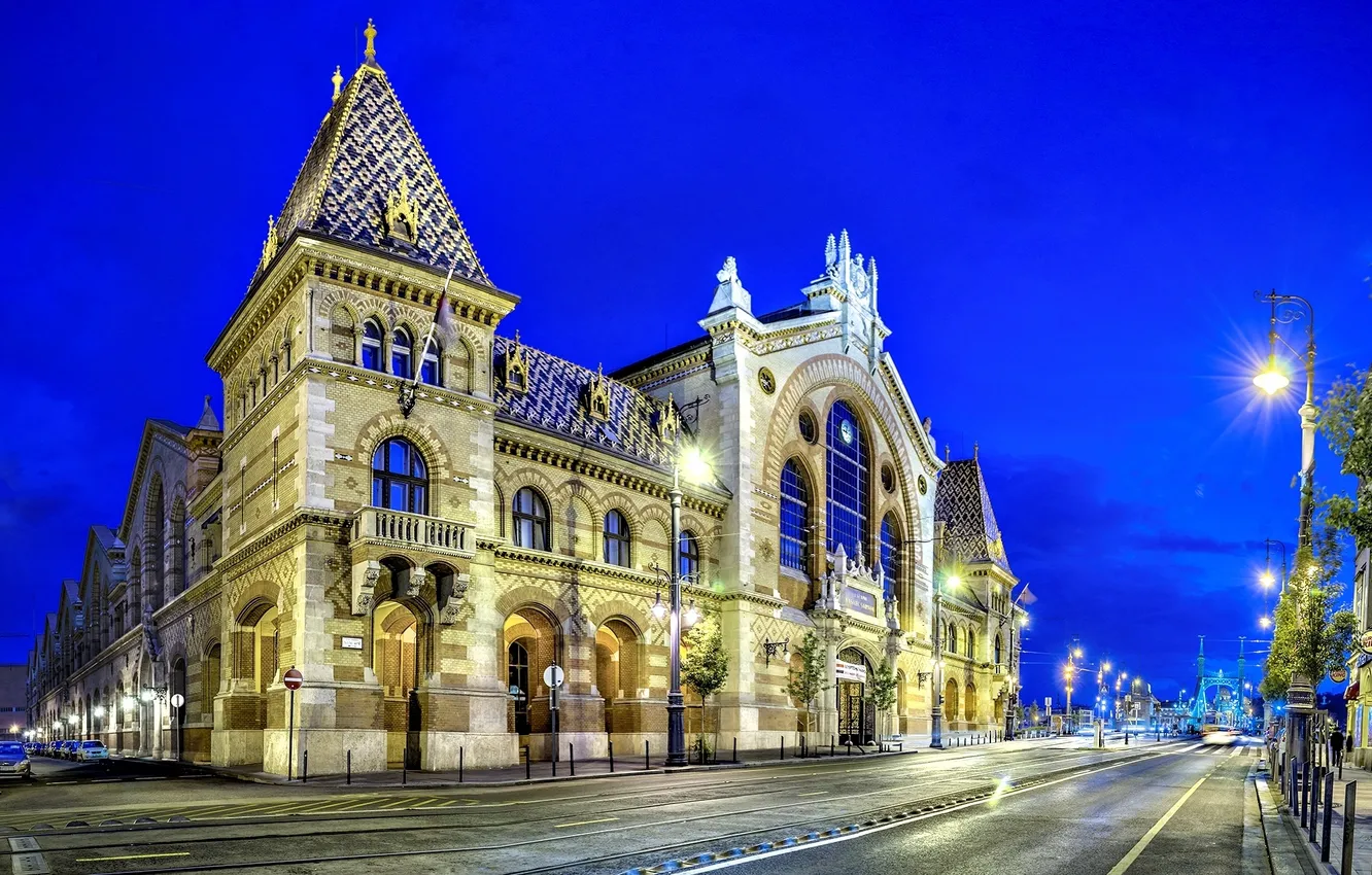 Photo wallpaper road, the city, building, the evening, lighting, lights, architecture, Hungary