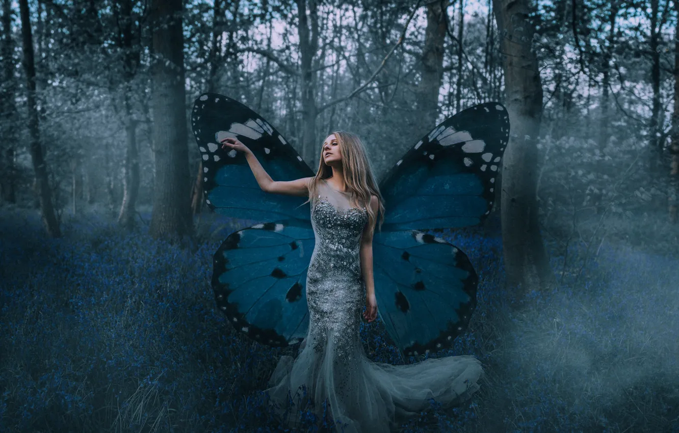 Photo wallpaper forest, girl, mood, butterfly, dress, wings