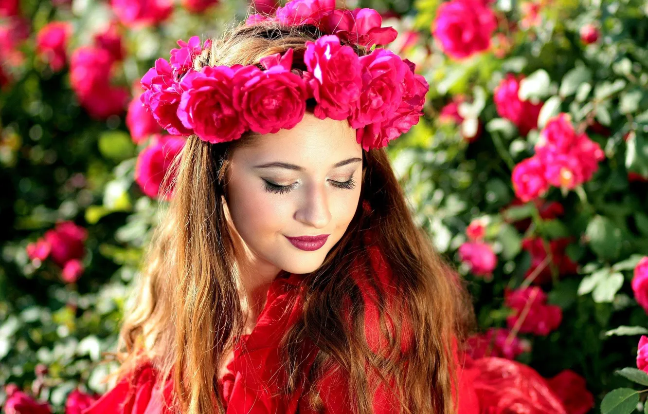 Photo wallpaper girl, light, flowers, face, roses, makeup, beautiful, bokeh