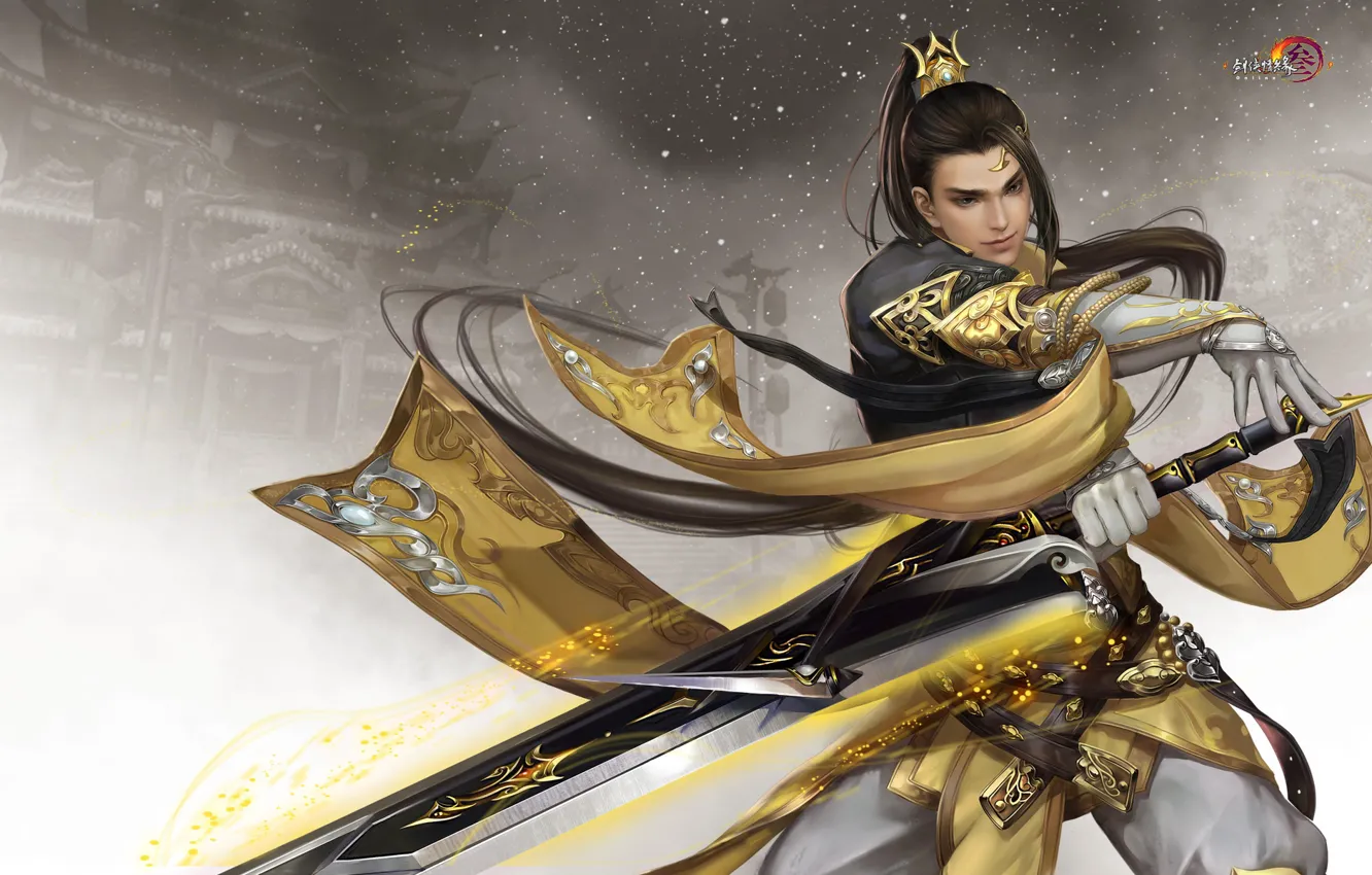 Photo wallpaper the game, sword, warrior, art, Twilight mountain fly bird °, Gian Vang, Tibetan sword