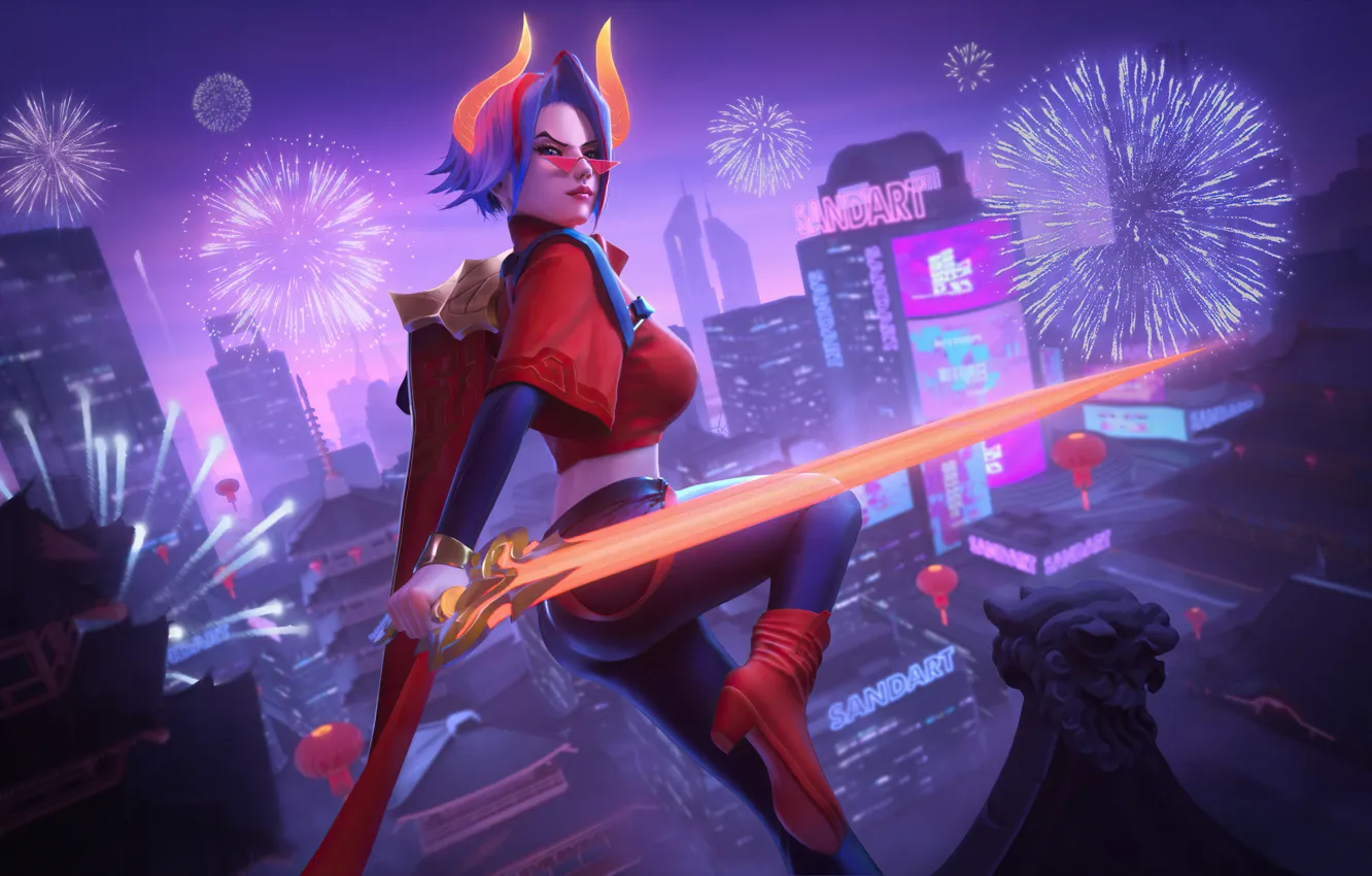 Photo wallpaper the game, flash, horns, game, night city, characters, big Breasts, fireworks