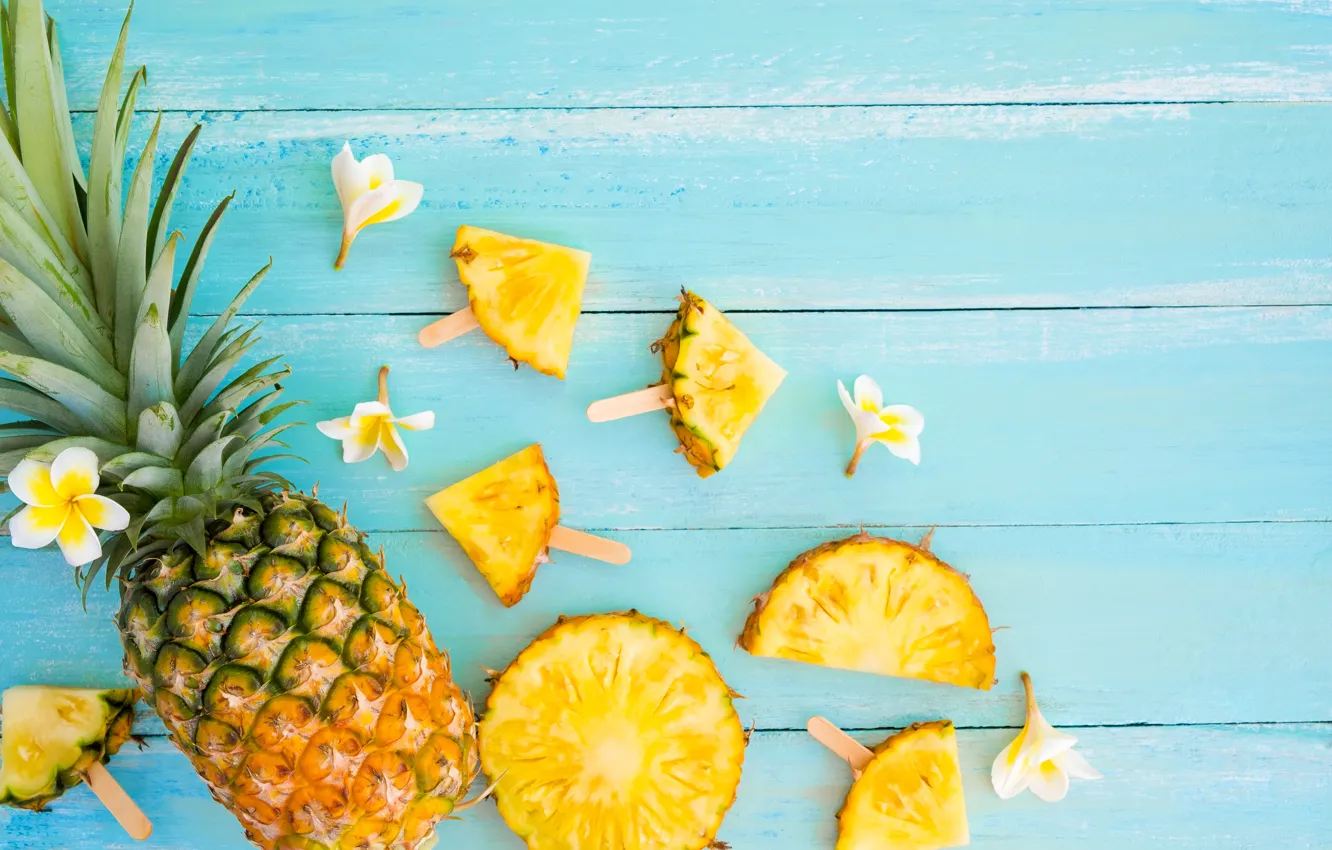 Photo wallpaper fruit, summer, pineapple, wood, slices, fruit, pineapple, plumeria