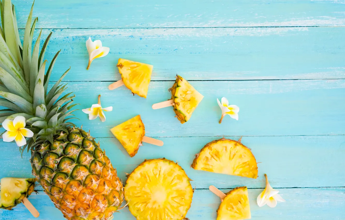 Photo wallpaper summer, fruit, pineapple, wood, slices, fruit, pineapple, plumeria