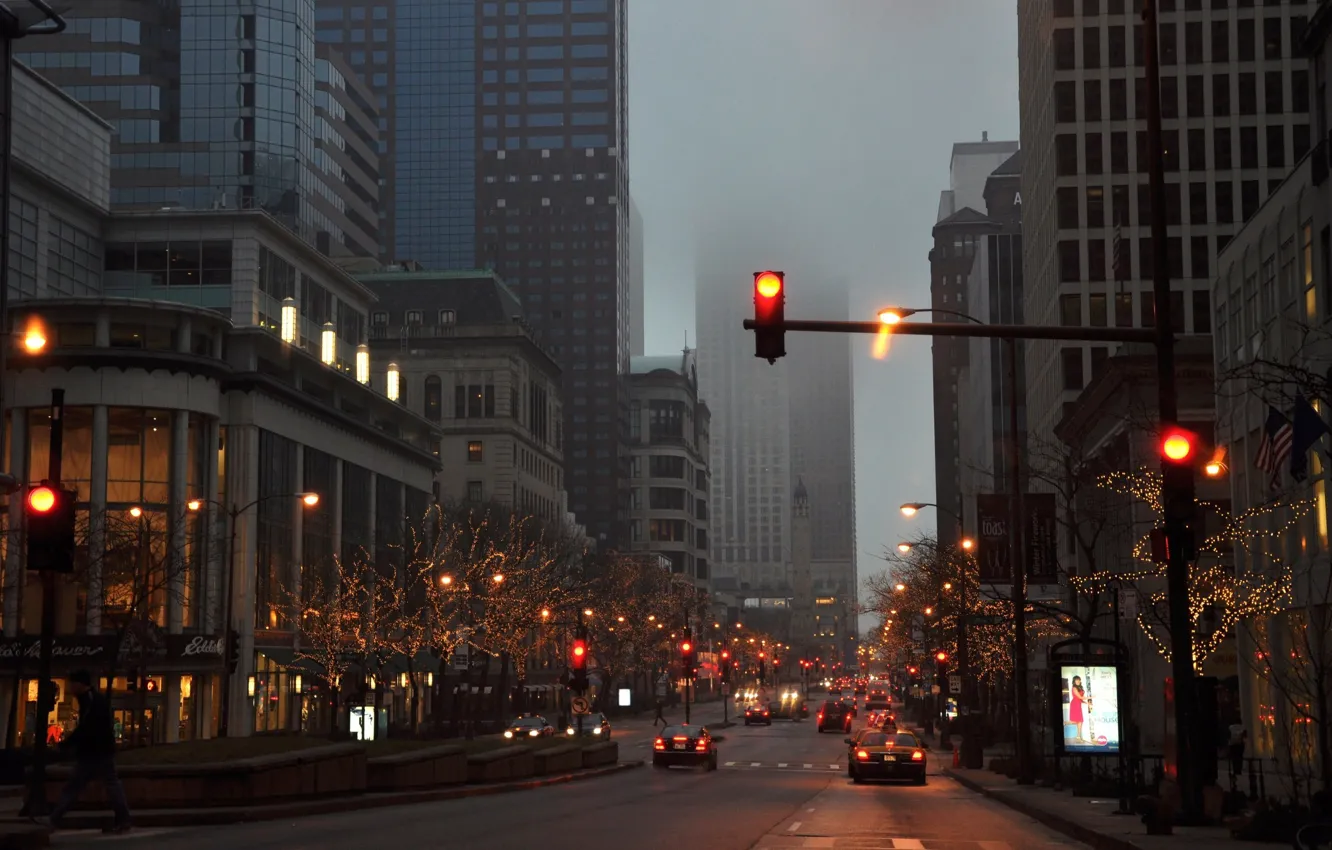 Photo wallpaper machine, auto, the city, fog, overcast, street, the evening, traffic light