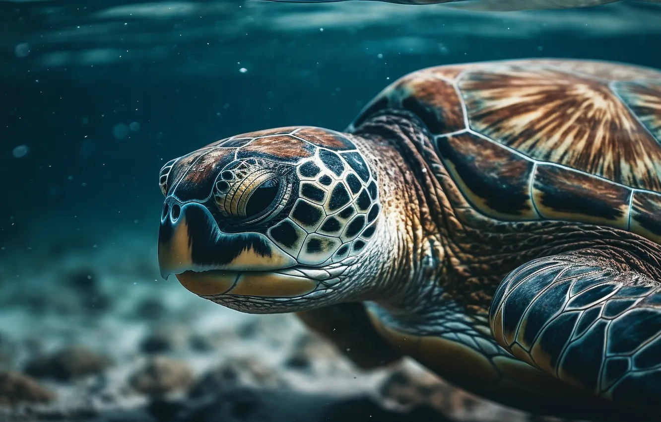 Photo wallpaper sea, turtle, portrait, underwater world, sea turtle, swimming, AI art, neural network