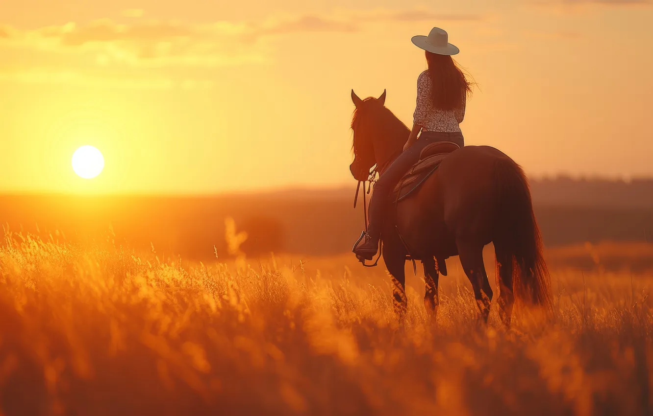Photo wallpaper field, the sky, grass, girl, the sun, pose, horse, dawn