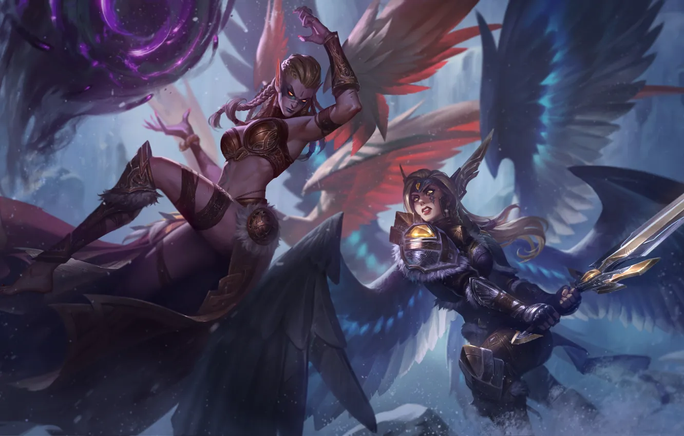 Photo wallpaper sword, fantasy, game, armor, weapon, girls, wings, angels