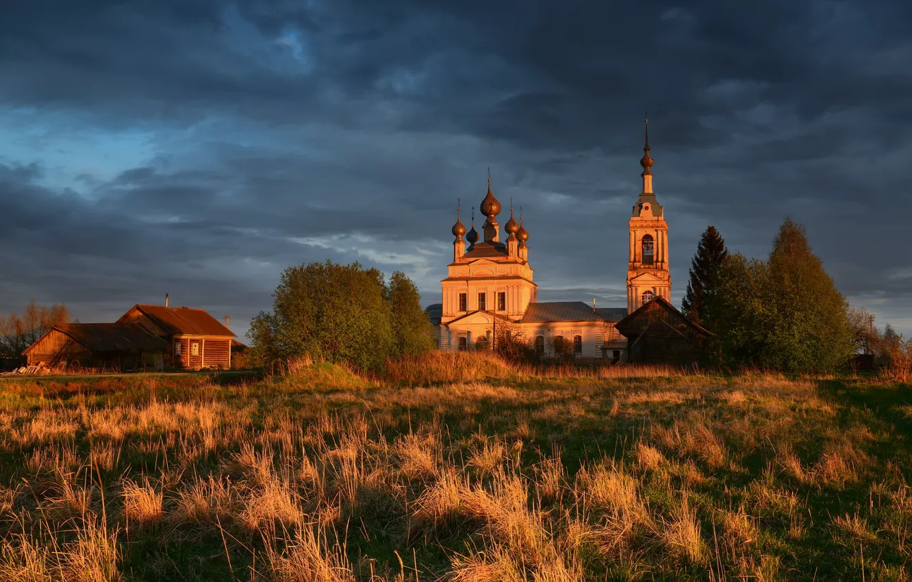 Photo wallpaper landscape, clouds, nature, home, village, Church, temple, the bell tower