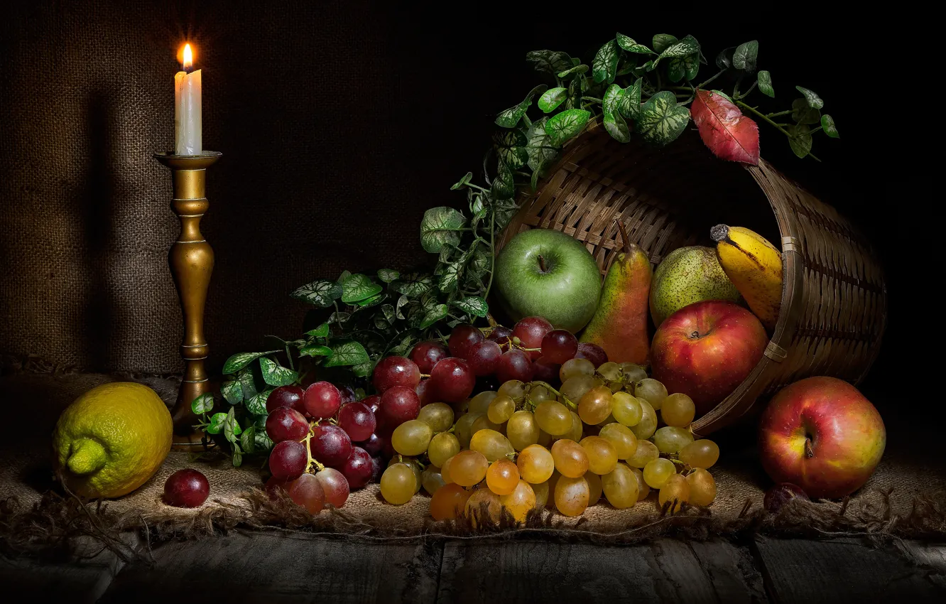 Photo wallpaper lemon, apples, food, candles, grapes, bananas, fruit, black background