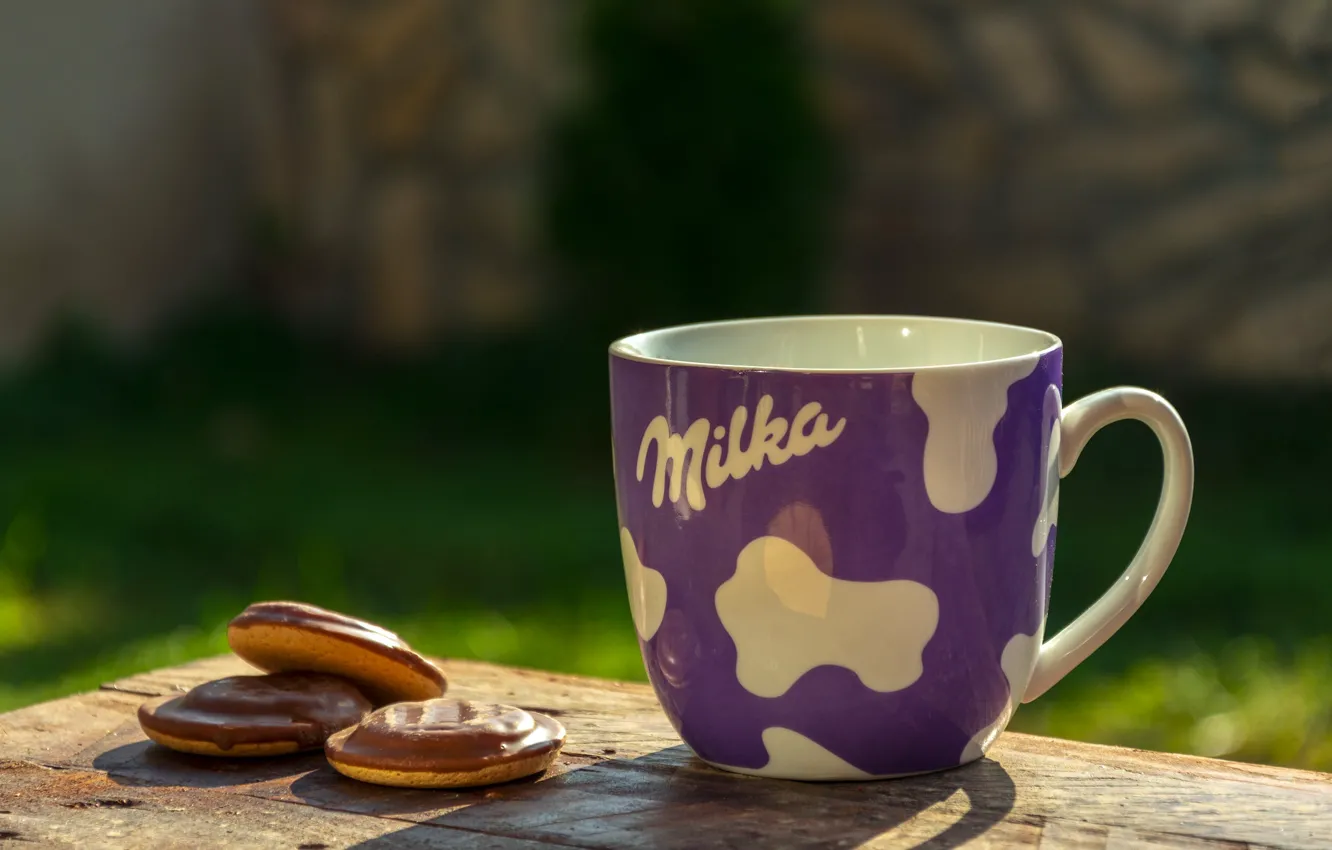 Photo wallpaper cookies, Cup, still life, brand, Milka