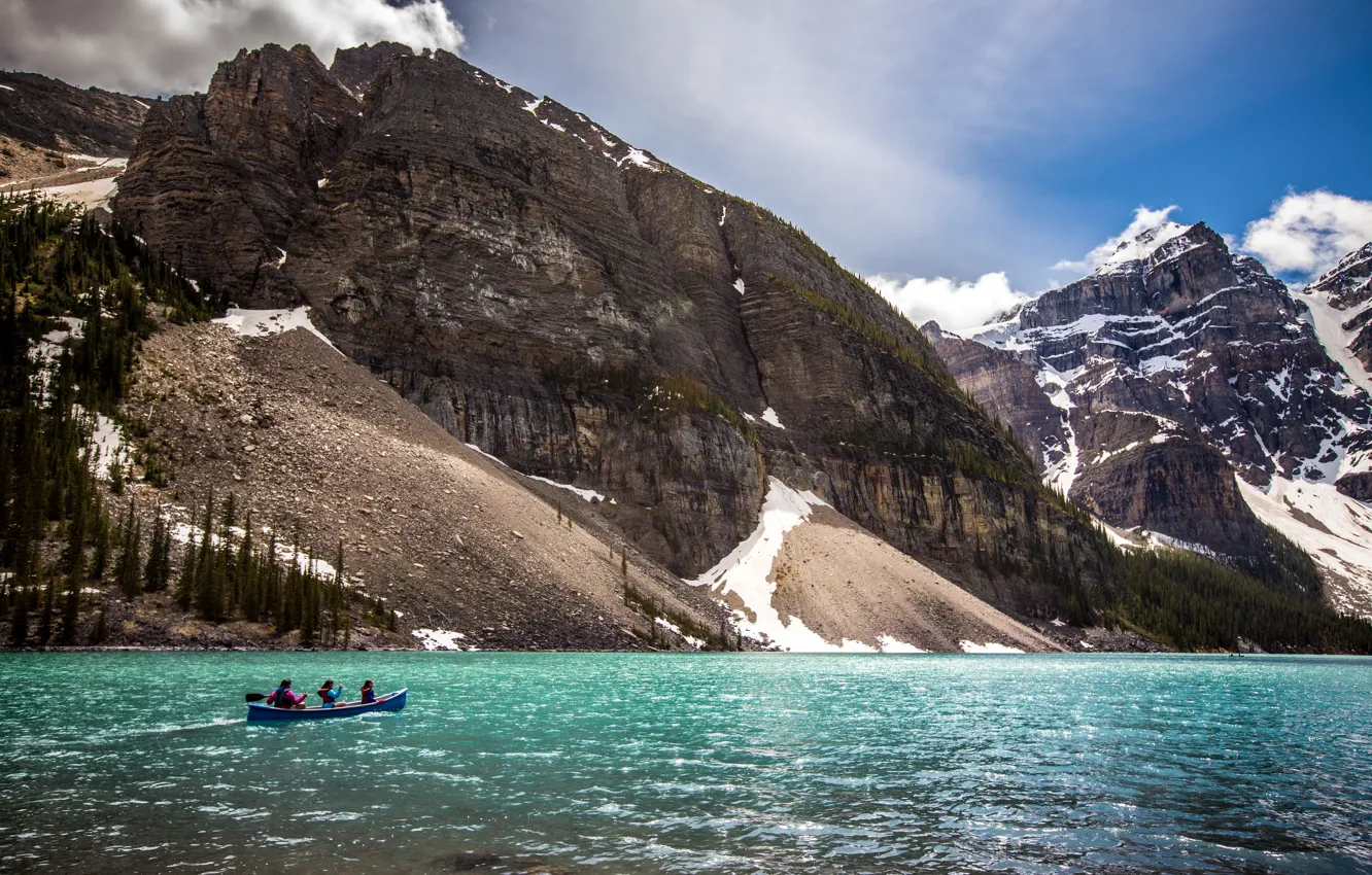 Photo wallpaper landscape, mountains, nature, lake, Park, boat, Canada, Yoho