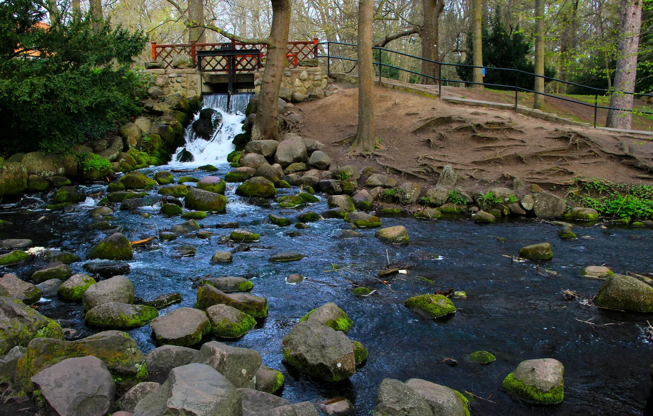 Photo wallpaper water, park, waterfall, stones