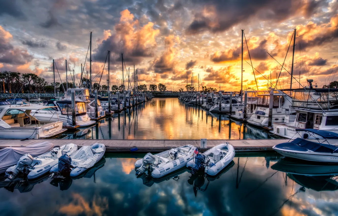 Photo wallpaper sea, the sky, clouds, sunset, nature, boats