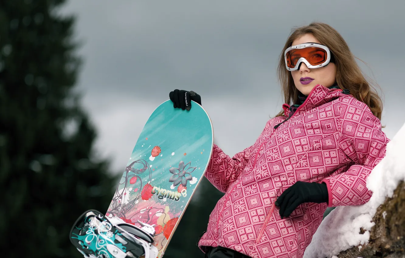 Photo wallpaper winter, look, girl, face, style, hair, Snowboard, glasses