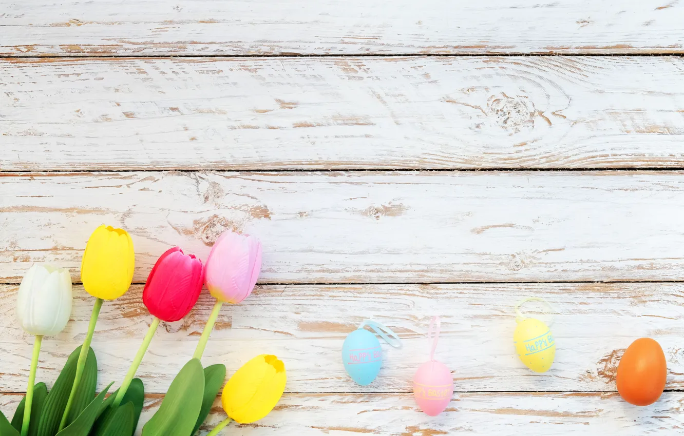 Photo wallpaper flowers, eggs, spring, colorful, Easter, tulips, wood, pink