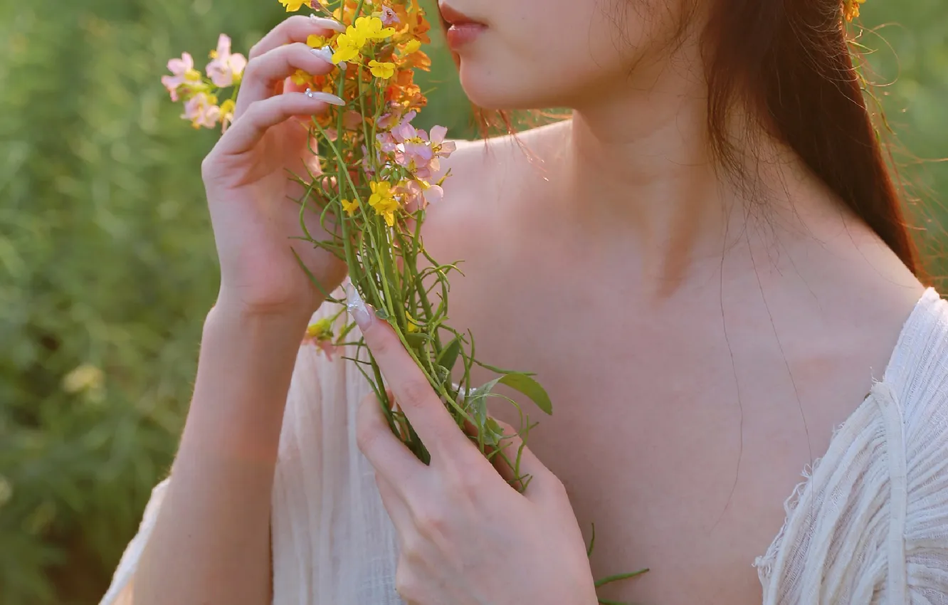 Photo wallpaper woman, flowers, model, asian, bouquet, japanese, outdoor, close up