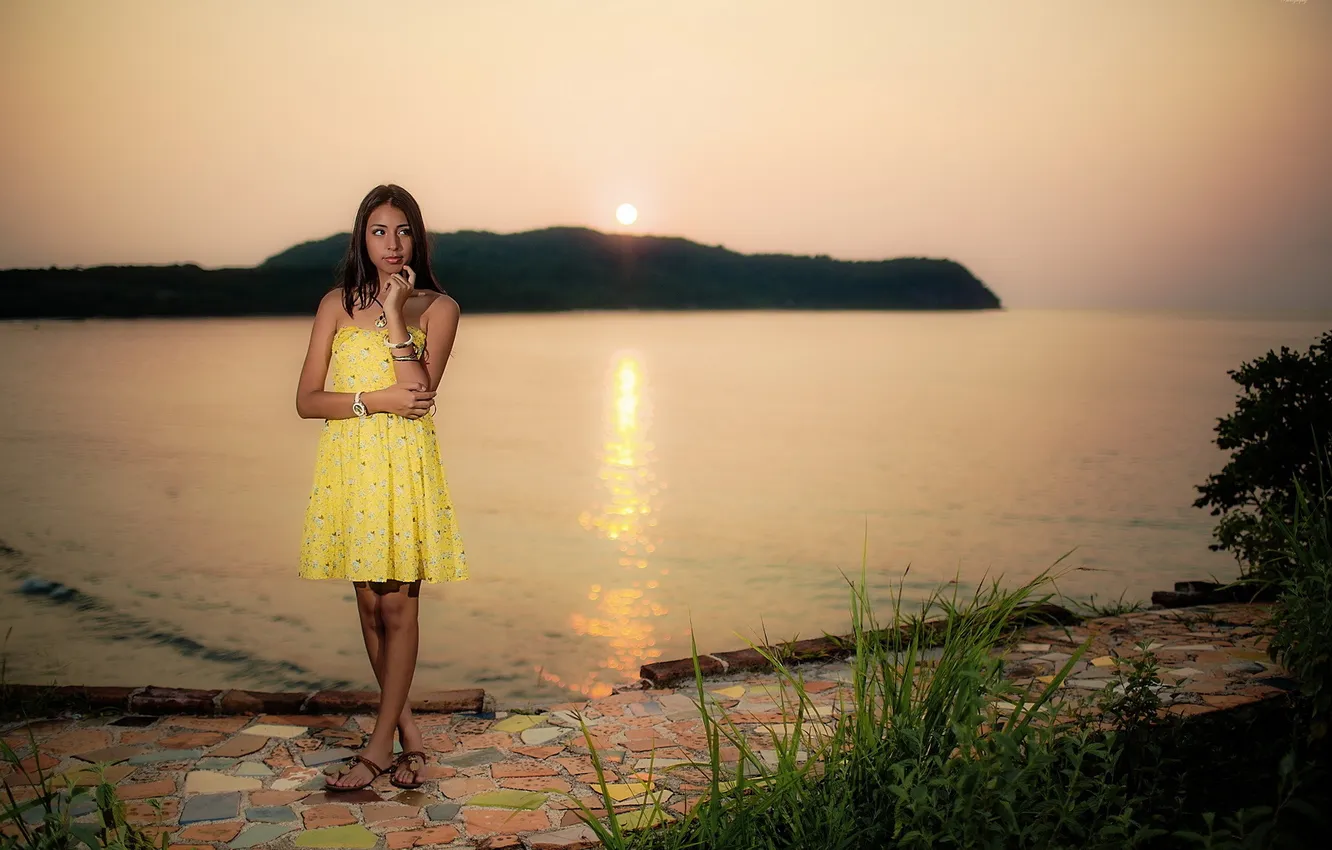 Photo wallpaper girl, sunset, Asian