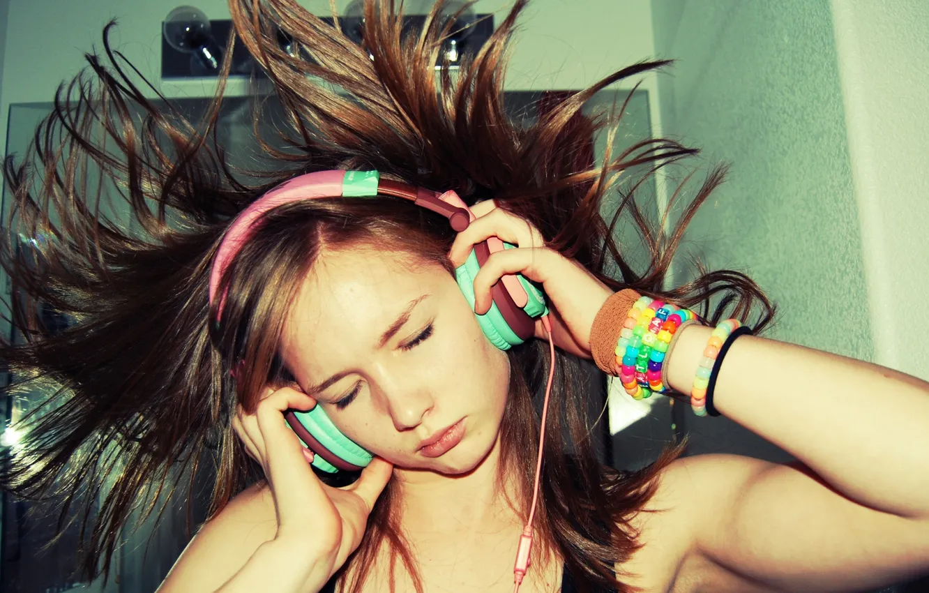 Photo wallpaper girl, hair, headphones, bracelets, listening, music