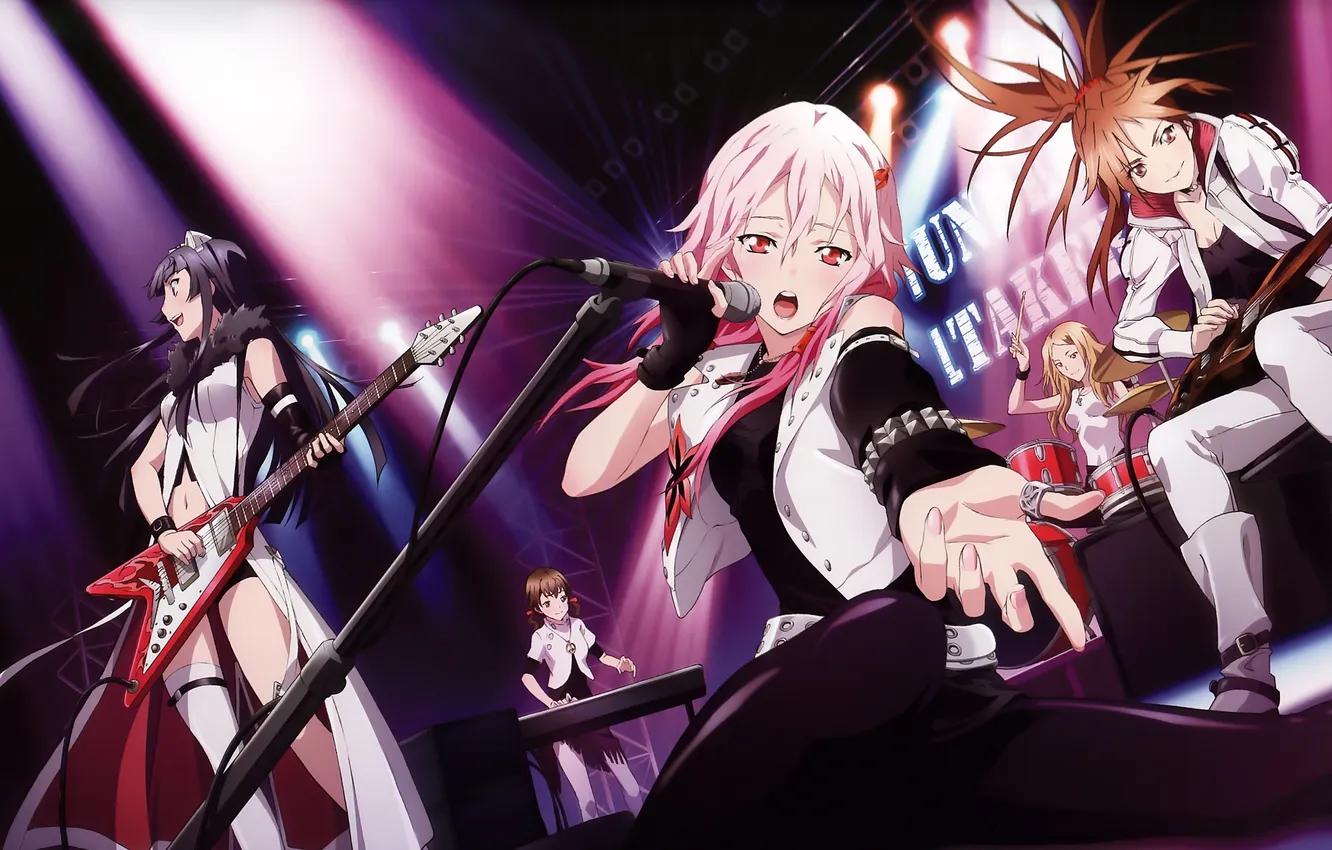 Photo wallpaper music, scene, group, microphone, electric guitar, guilty crown, inori yuzuriha, Tsugumi