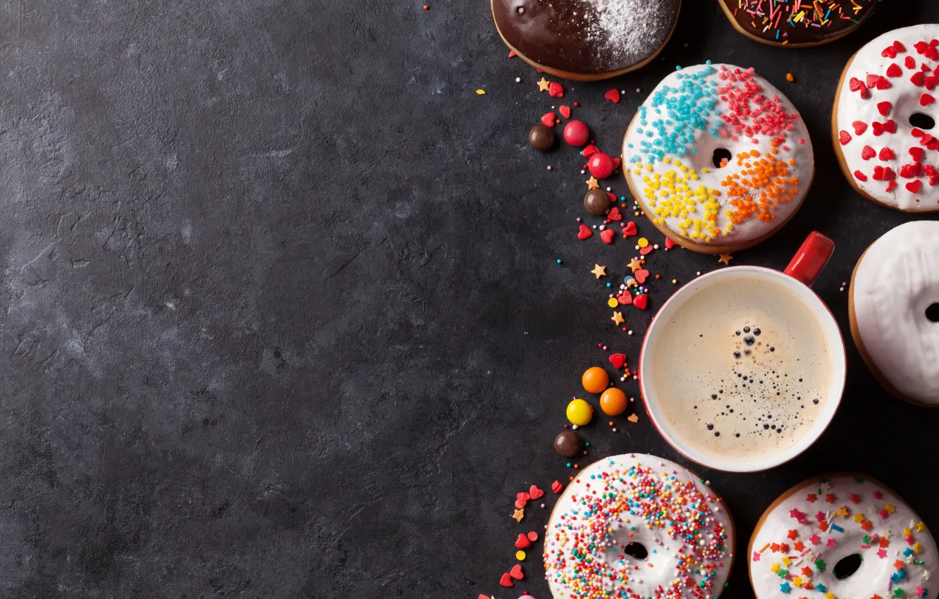 Photo wallpaper donuts, cup, glaze, coffee, donuts