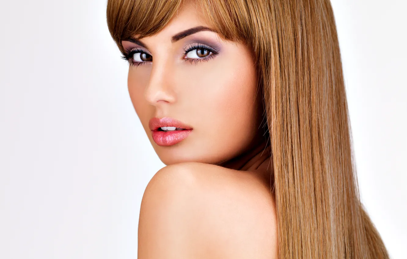 Photo wallpaper eyes, look, girl, background, model, hair, makeup, shoulders