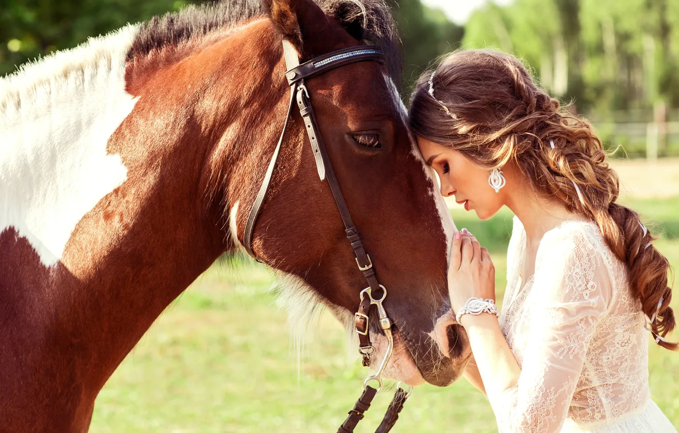 Photo wallpaper girl, horse, brown hair