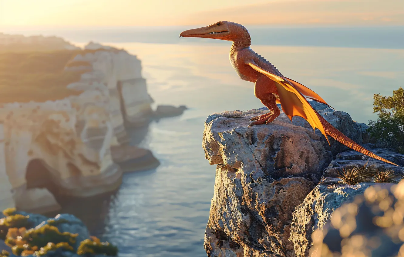Photo wallpaper sea, rocks, animal, dawn, dinosaur, pterodactyl, digital art, Ancient animals