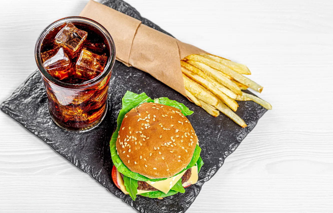 Photo wallpaper hamburger, Cola, fast food, French fries