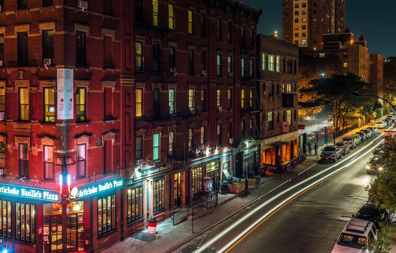 Photo wallpaper night, the city, lights, street, building, car