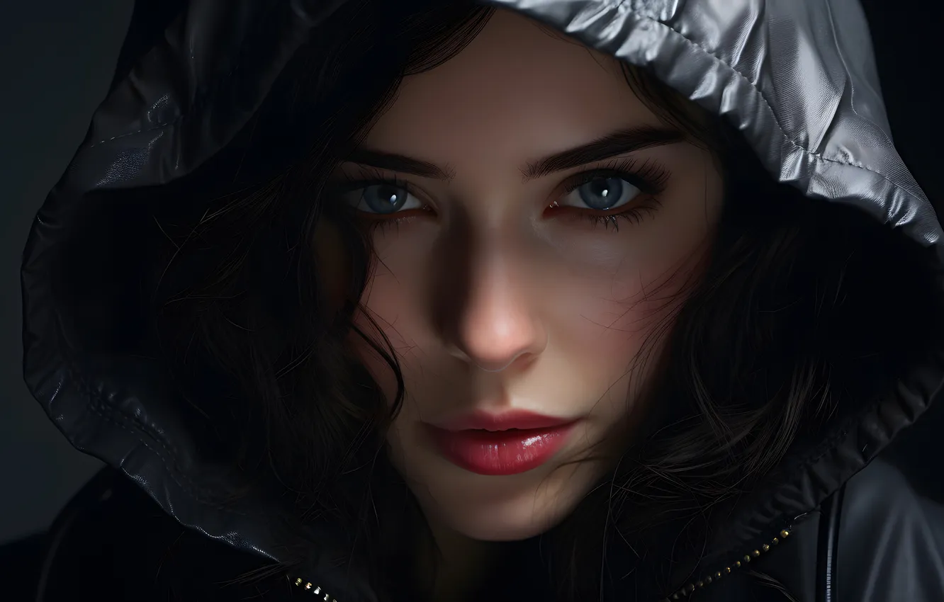 Photo wallpaper look, girl, pose, portrait, makeup, brunette, jacket, hood