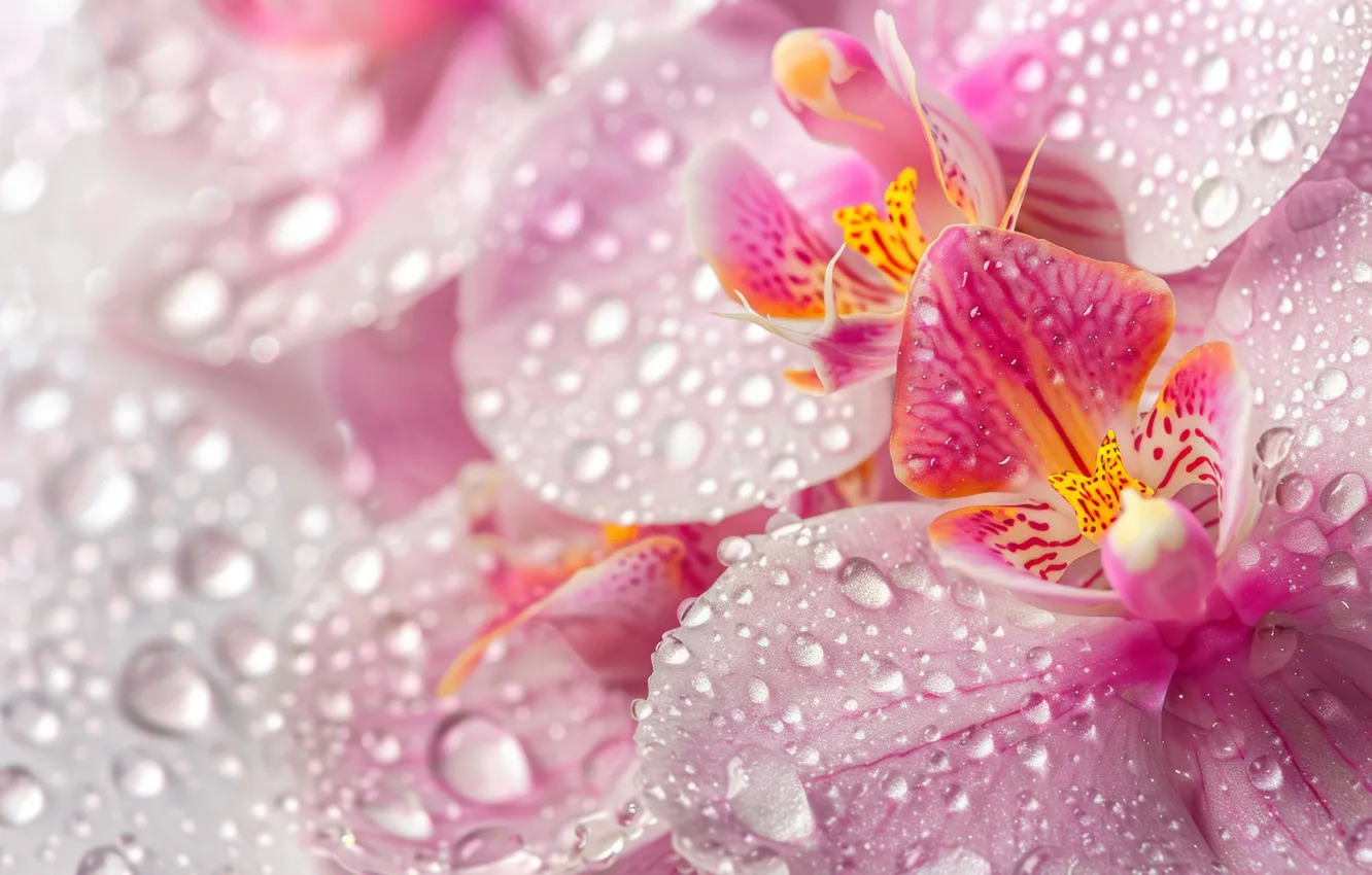 Photo wallpaper drops, macro, flowers, pink, Orchid, bokeh, AI art, neural network