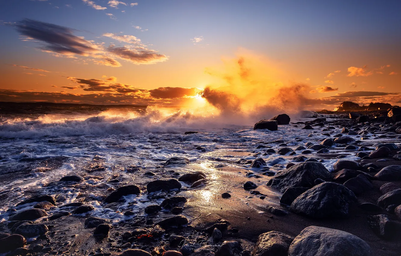 Photo wallpaper sea, wave, the sky, the sun, clouds, sunset, stones, surf