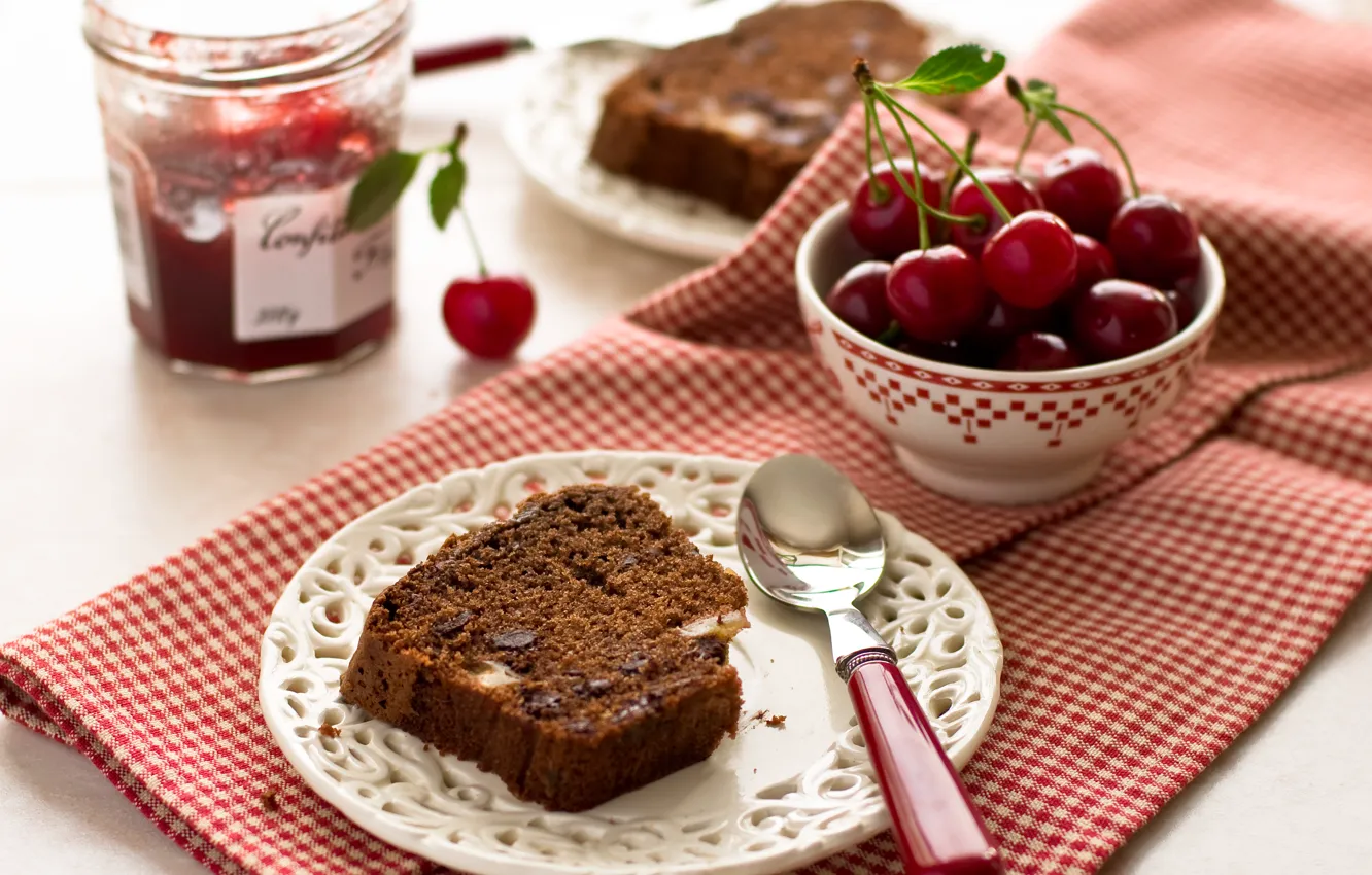 Photo wallpaper cherry, berries, plate, pie, spoon, cherry, cakes, jam