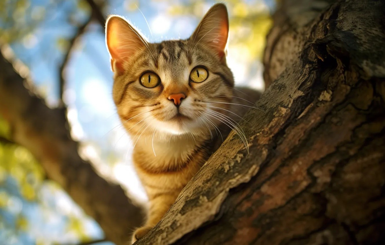 Photo wallpaper cat, cat, look, trees, branches, nature, portrait, bark