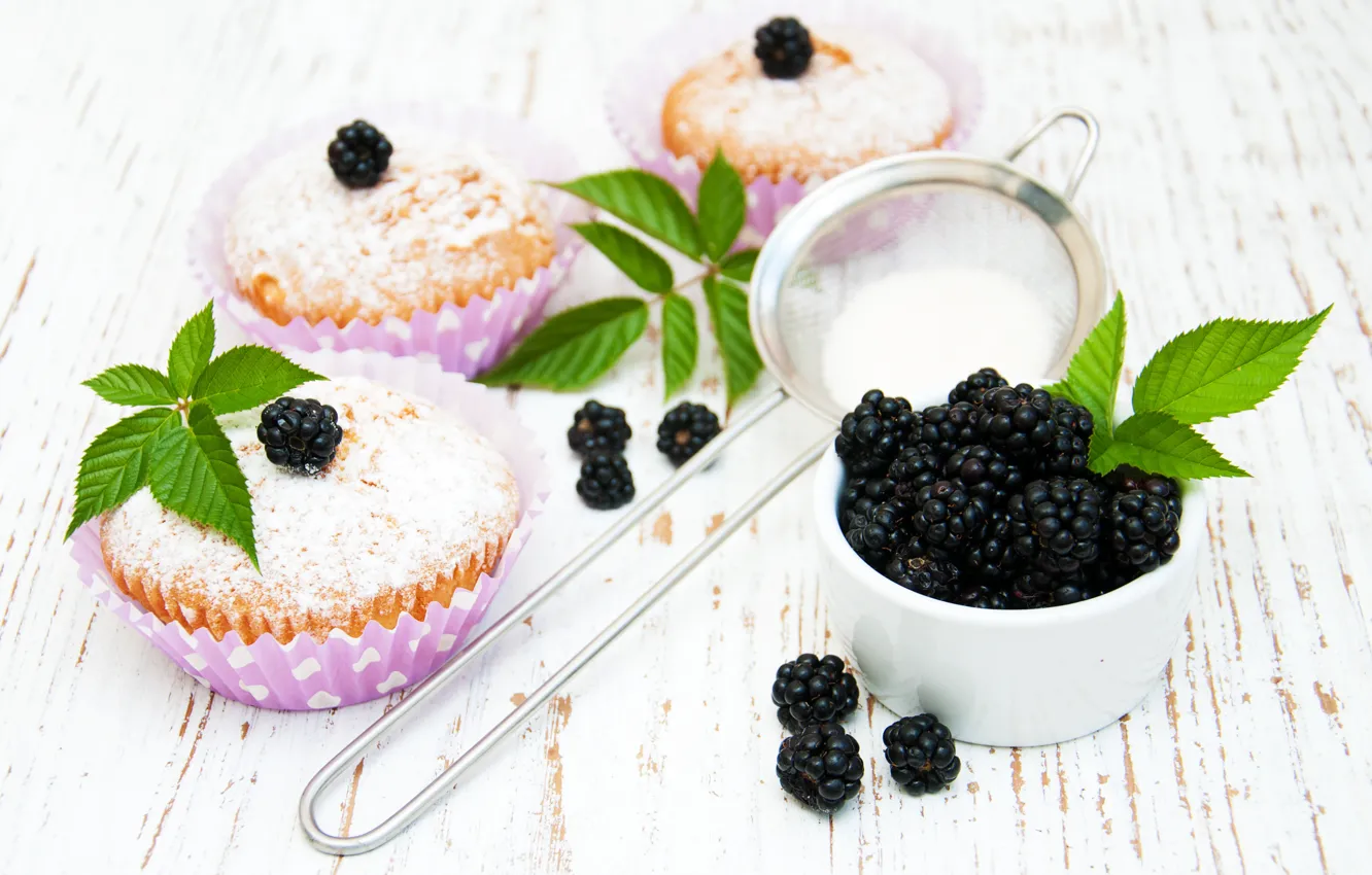 Photo wallpaper berries, BlackBerry, powdered sugar, muffins, Olena Rudo